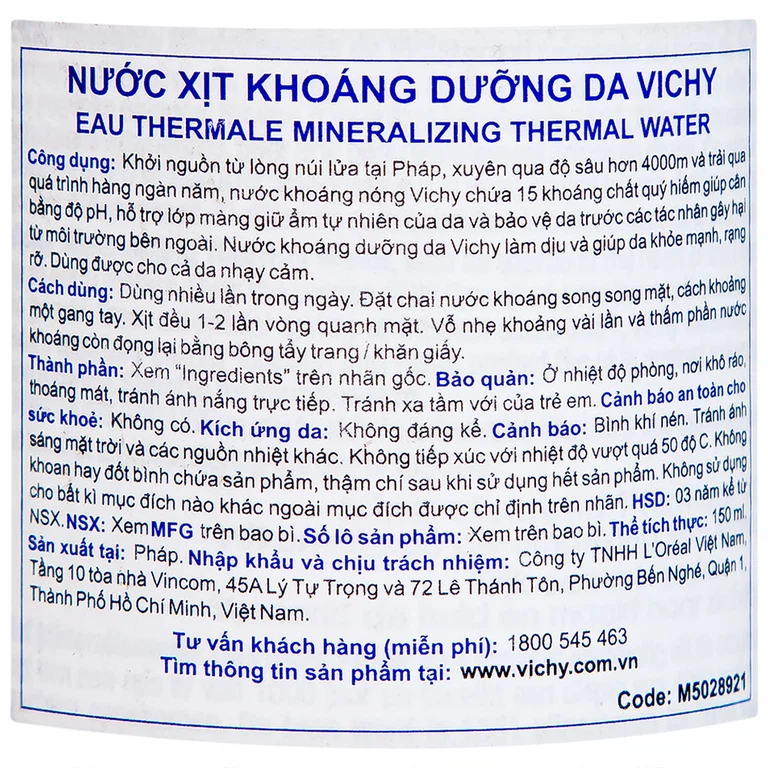 Nước xịt khoáng dưỡng da Vichy Eau Thermale Mineralizing Thermal Water cấp ẩm, dịu da và cân bằng độ pH (150ml)