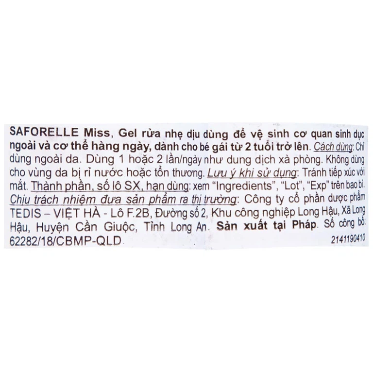 Gel rửa nhẹ dịu Saforelle Miss dùng vệ sinh cơ quan sinh dục ngoài và cơ thể cho bé (100ml)