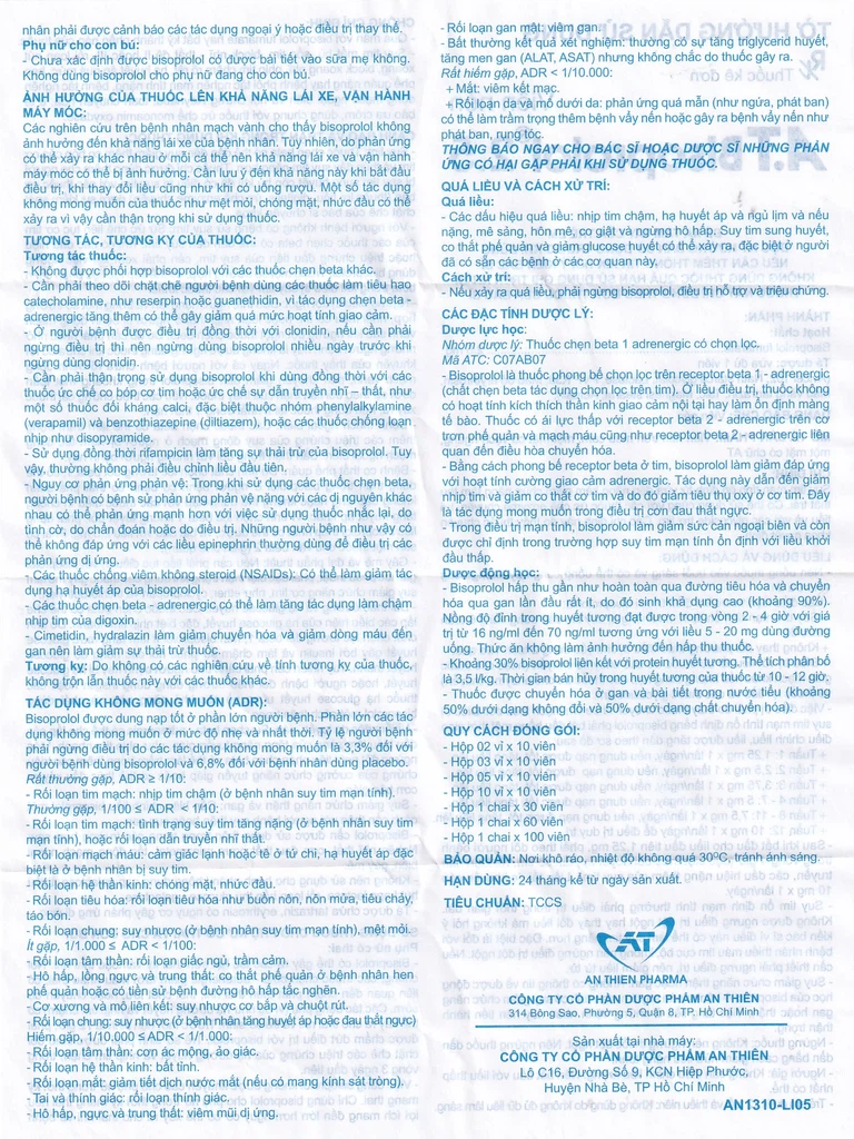 Thuốc A.T Bisoprolol 2.5mg An Thiên điều trị suy tim mạn tính ổn định (10 vỉ x 10 viên)