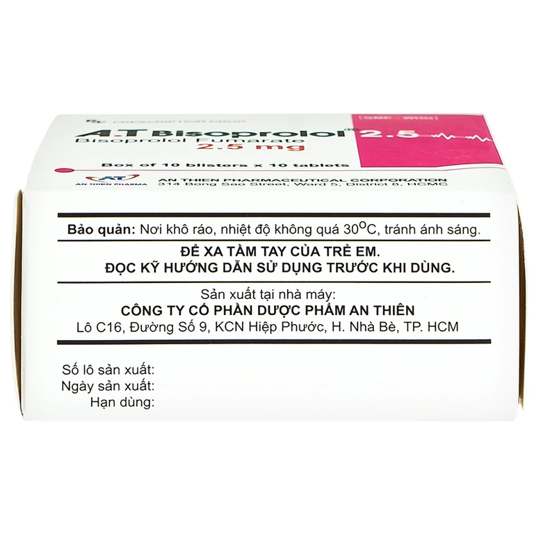 Thuốc A.T Bisoprolol 2.5mg An Thiên điều trị suy tim mạn tính ổn định (10 vỉ x 10 viên)
