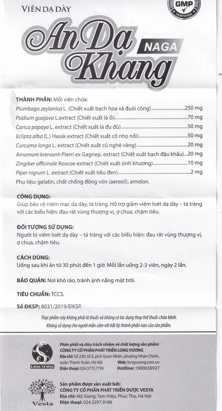 Viên dạ dày An Dạ Khang Naga Vesta giúp bảo vệ niêm mạc dạ dày, tá tràng (3 vỉ x 10 viên)