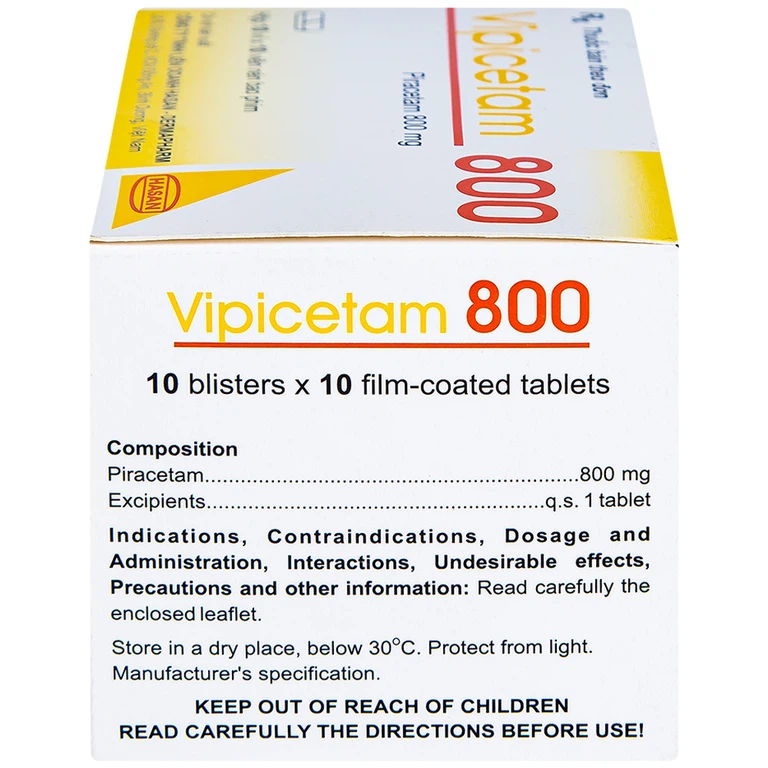 Thuốc Vipicetam 800 Hassan điều trị các triệu chứng chóng mặt, đột quỵ (10 vỉ x 10 viên)