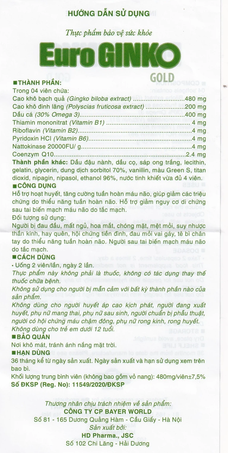 Viên uống Euro Ginko Gold HD Pharma hỗ trợ hoạt huyết, tăng cường tuần hoàn máu não (100 viên)