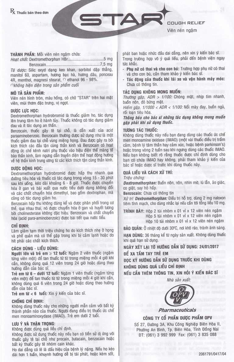 Viên ngậm Star Cough Relief OPV giảm tạm thời triệu chứng ho (2 vỉ x 12 viên)