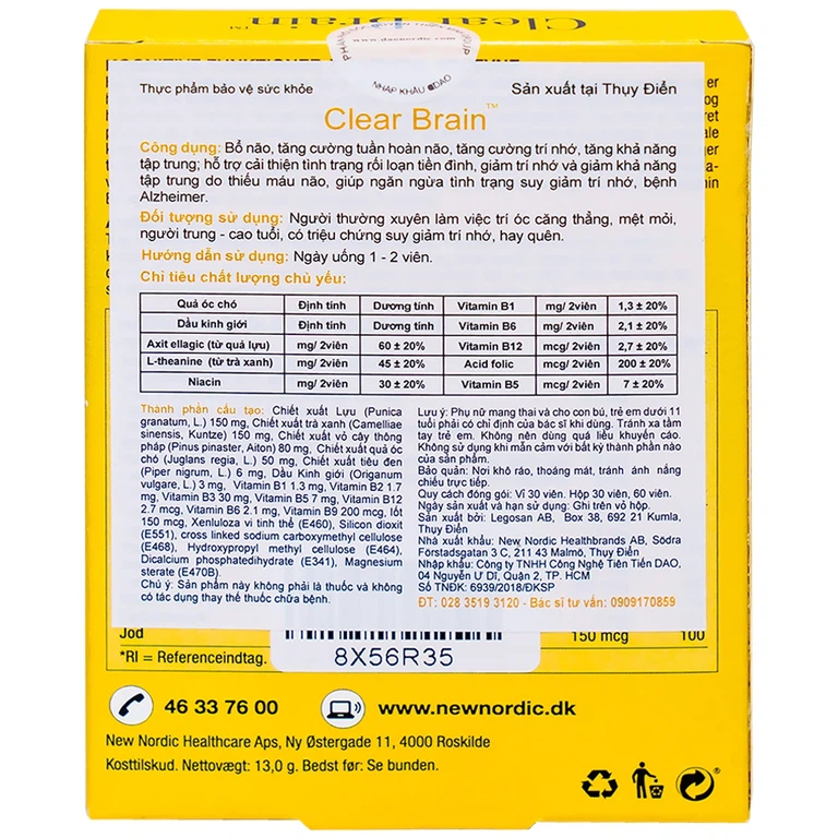 Viên uống Clear Brain New Nordic tăng cường trí não, bổ não (1 vỉ x 30 viên)