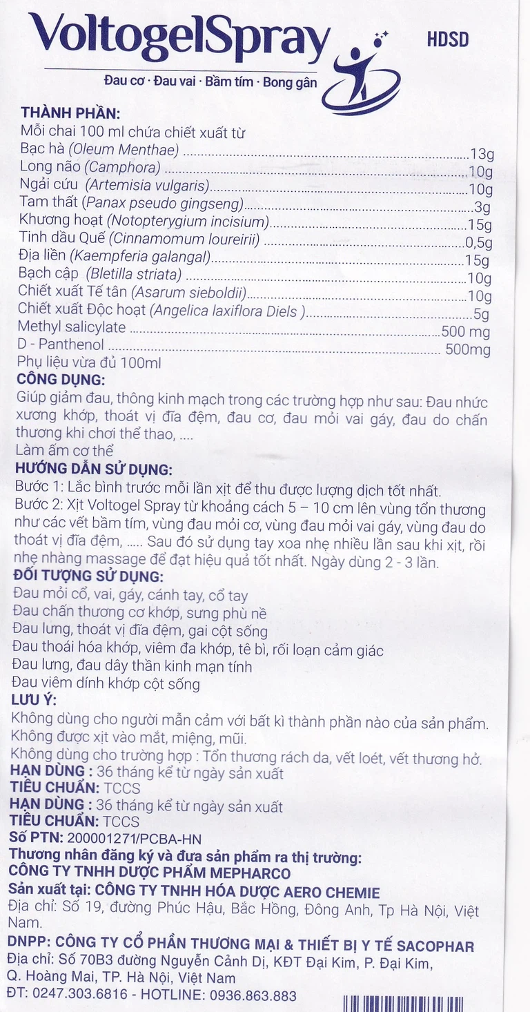 Bình xịt Voltogel Spray 100ml Aero Chemie đau cơ, đau vai, bầm tím, bong gân