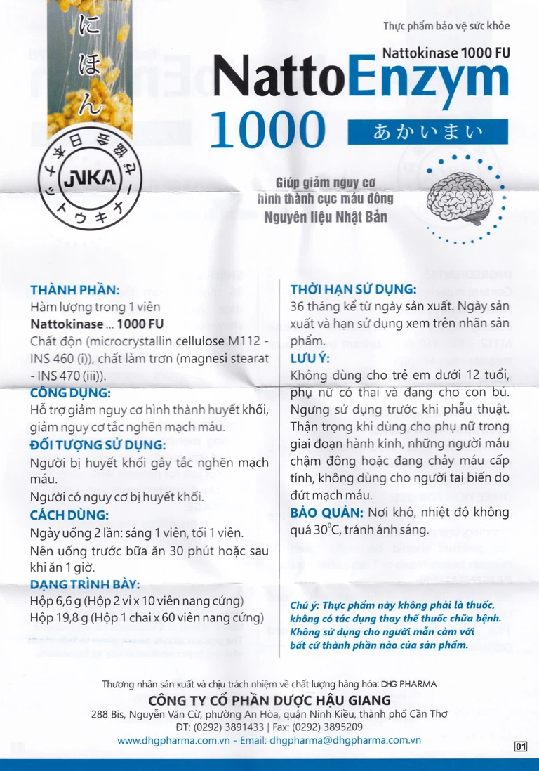 Viên uống NattoEnzym 1000 DHG giúp giảm nguy cơ hình thành cục máu đông (2 vỉ x 10 viên)