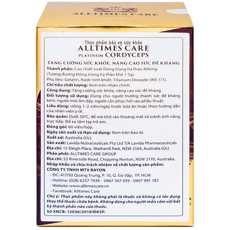 Viên uống Alltimes Care Platinum Cordyceps tăng cường sức khoẻ, nâng cao sức đề kháng (60 viên)