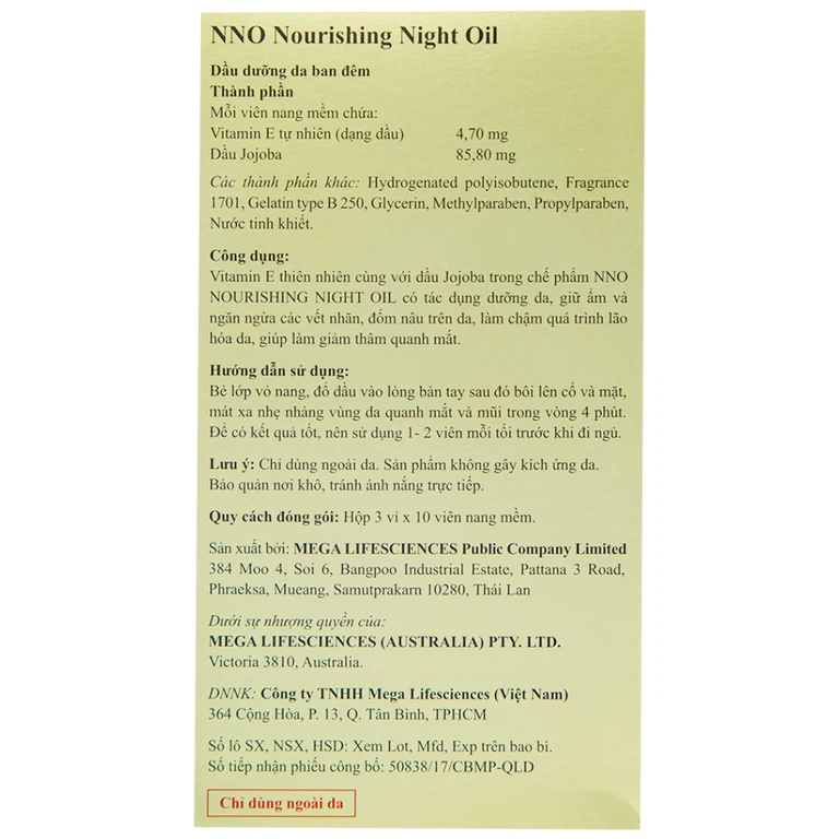 Dầu dưỡng da ban đêm NNO Nourishing Night Oil MEGA We care giữ ẩm, ngừa vết nhăn, đốm nâu (3 vỉ x 10 viên)