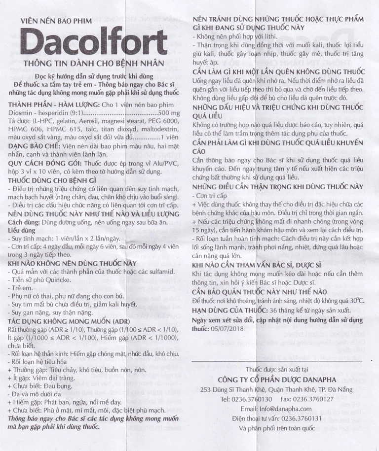 Thuốc Dacolfort Danapha điều trị triệu chứng liên quan đến suy tĩnh mạch, mạch bạch huyết (3 vỉ x 10 viên)
