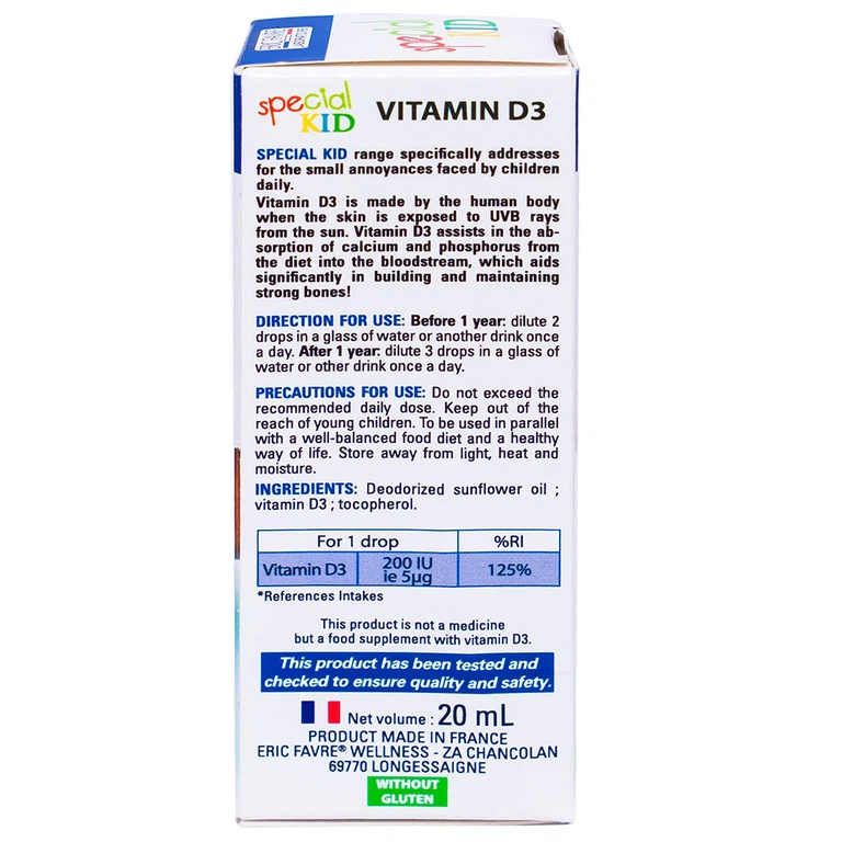 Siro Special Kid Vitamine D3 hỗ trợ hấp thu Calci, phát triển xương và răng ở trẻ (20ml)