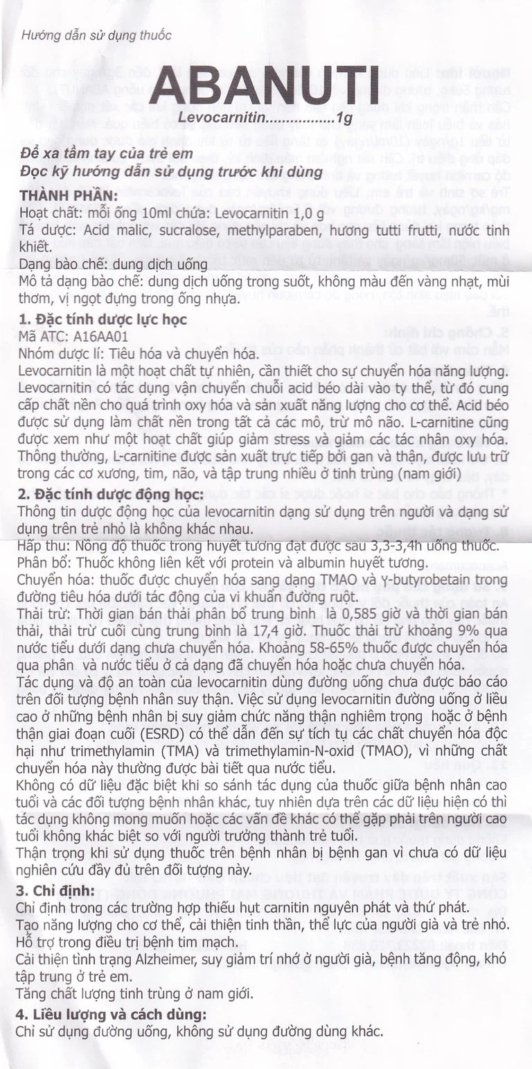 Dung dịch uống Abanuti 1g Phương Đông bổ sung năng lượng, cải thiện tinh thần, thể lực (20 ống x 10ml)