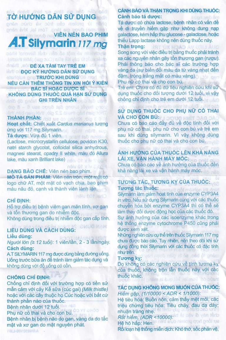 Thuốc A.T Silymarin 117mg An Thiên hỗ trợ điều trị bệnh viêm gan mạn tính, xơ gan (3 vỉ x 10 viên)