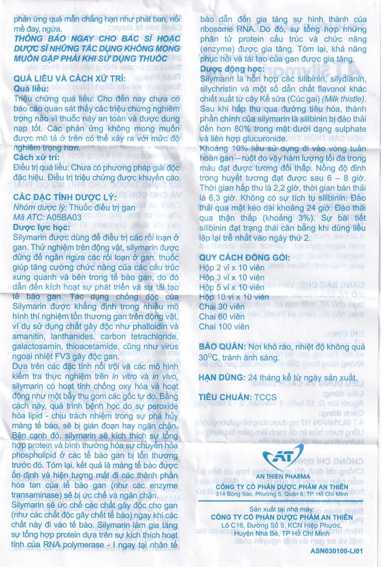 Thuốc A.T Silymarin 117mg An Thiên hỗ trợ điều trị bệnh viêm gan mạn tính, xơ gan (3 vỉ x 10 viên)