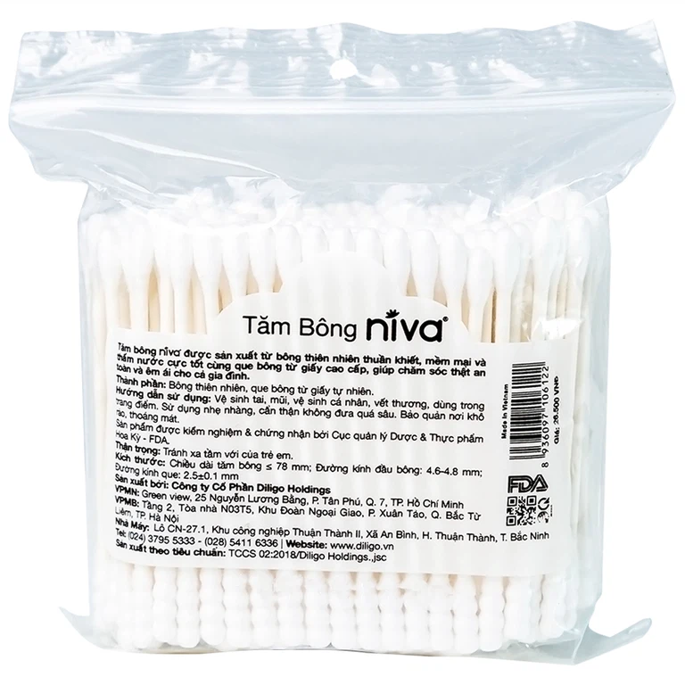 Tăm bông Niva AZP3 Paper Cotton Buds túi Zip 1 đầu tròn 1 đầu xoắn vệ sinh tai, mũi, vết thương (200 que)