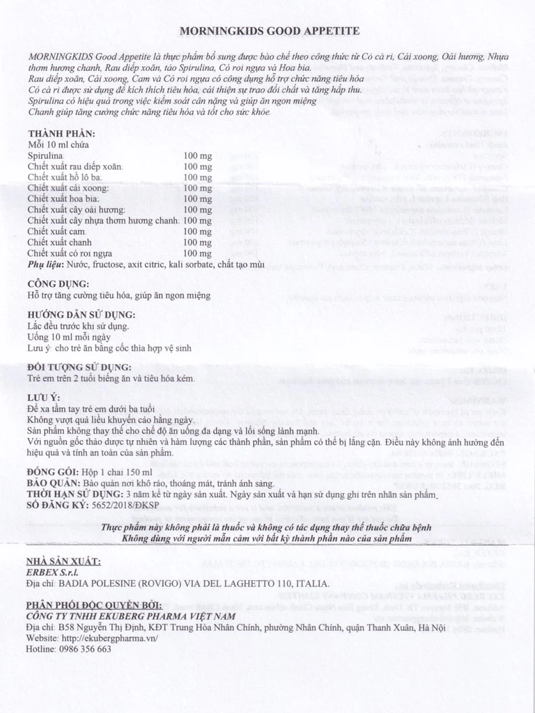 Dung dịch MorningKids Good Appetite tăng cường tiêu hóa, giúp ăn ngon miệng (150ml)
