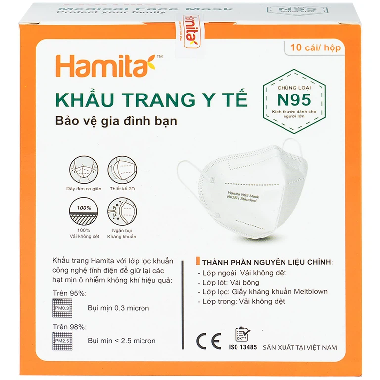 Khẩu trang N95 Hamita ngăn bụi, kháng khuẩn (10 cái)
