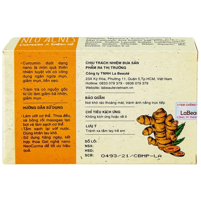 Xà phòng Acnes Body Bar Neo Acnes Curcumin And Teatree Oil làm sạch bụi bẩn, dầu nhờn trên da (75g)
