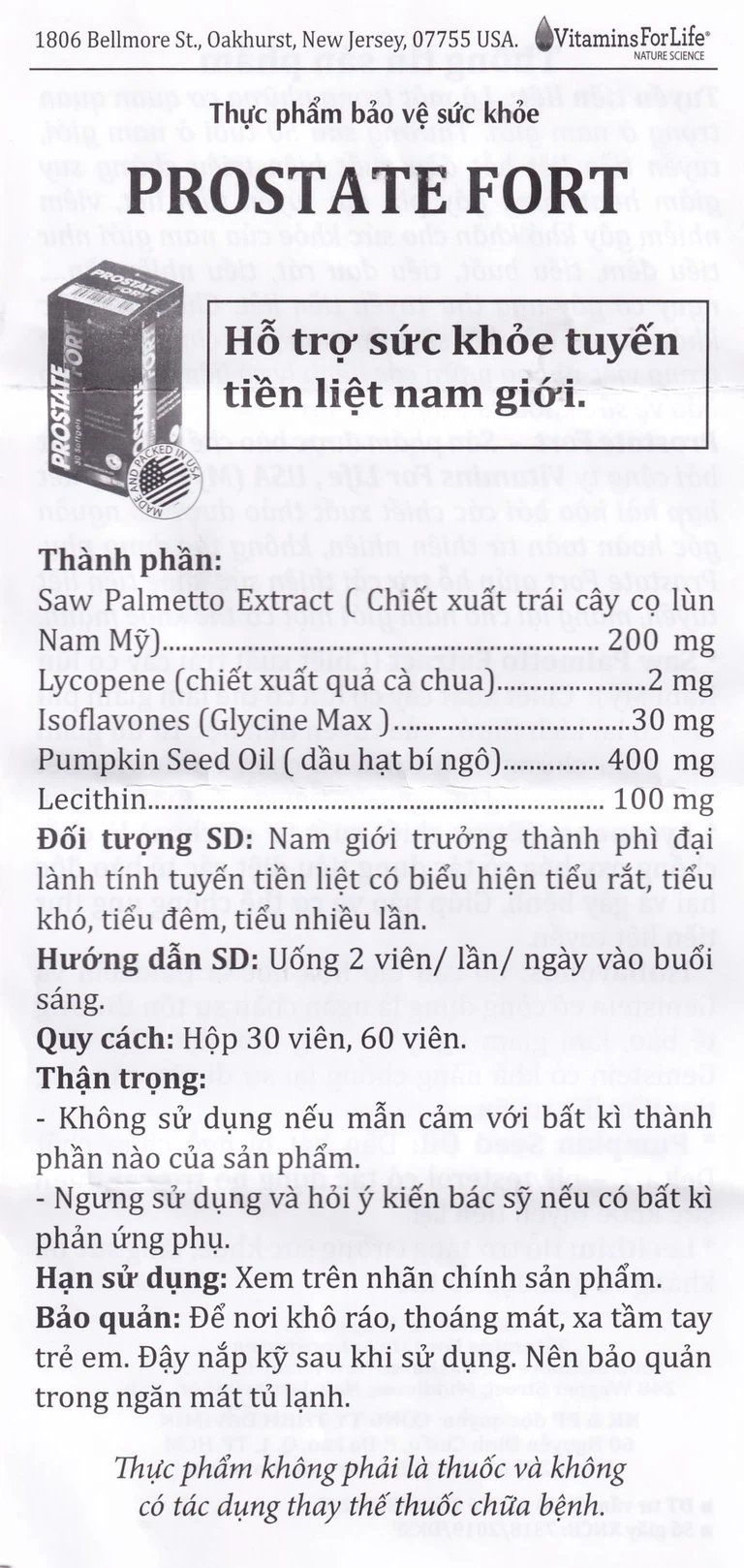 Viên uống Prostate Fort Vitamins For Life hỗ trợ sức khỏe tuyến tiền liệt nam giới (30 viên)