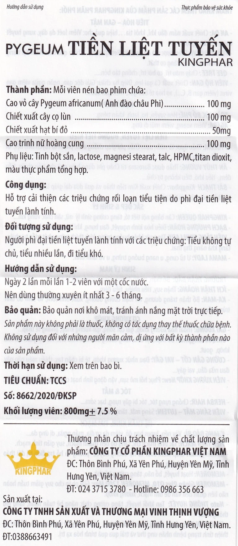 Viên uống Pygeum Tiền Liệt Tuyến Kingphar hỗ trợ cải thiện rối loạn tiểu tiện (4 vỉ x 10 viên)