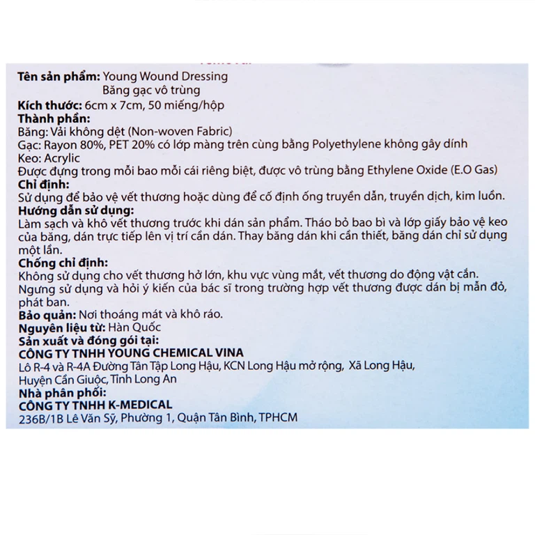 Băng gạc vô trùng Young Wound Dressing 6cm x 7cm Young Chemical hỗ trợ bảo vệ vết thương (50 miếng)