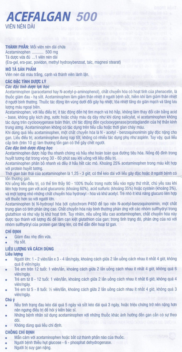 Thuốc Acefalgan 500mg Euvipharm giảm đau nhẹ đến vừa, hạ sốt (10 vỉ x 10 viên)