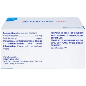 Thuốc Acefalgan 500mg Euvipharm giảm đau nhẹ đến vừa, hạ sốt (10 vỉ x 10 viên)