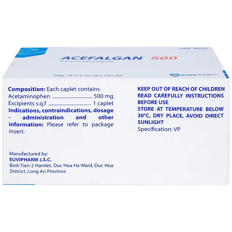 Thuốc Acefalgan 500mg Euvipharm giảm đau nhẹ đến vừa, hạ sốt (10 vỉ x 10 viên)
