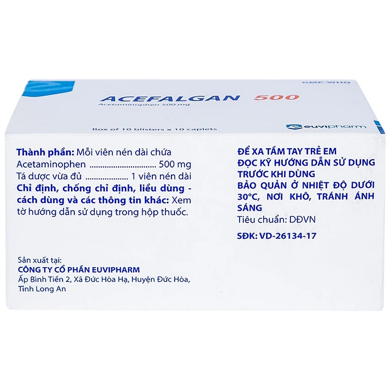 Thuốc Acefalgan 500mg Euvipharm giảm đau nhẹ đến vừa, hạ sốt (10 vỉ x 10 viên)