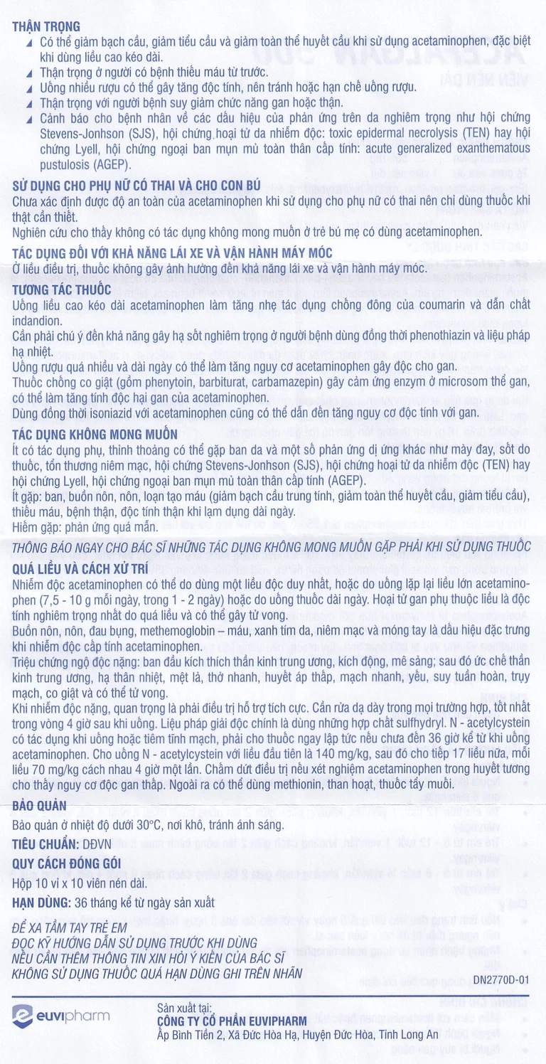 Thuốc Acefalgan 500mg Euvipharm giảm đau nhẹ đến vừa, hạ sốt (10 vỉ x 10 viên)