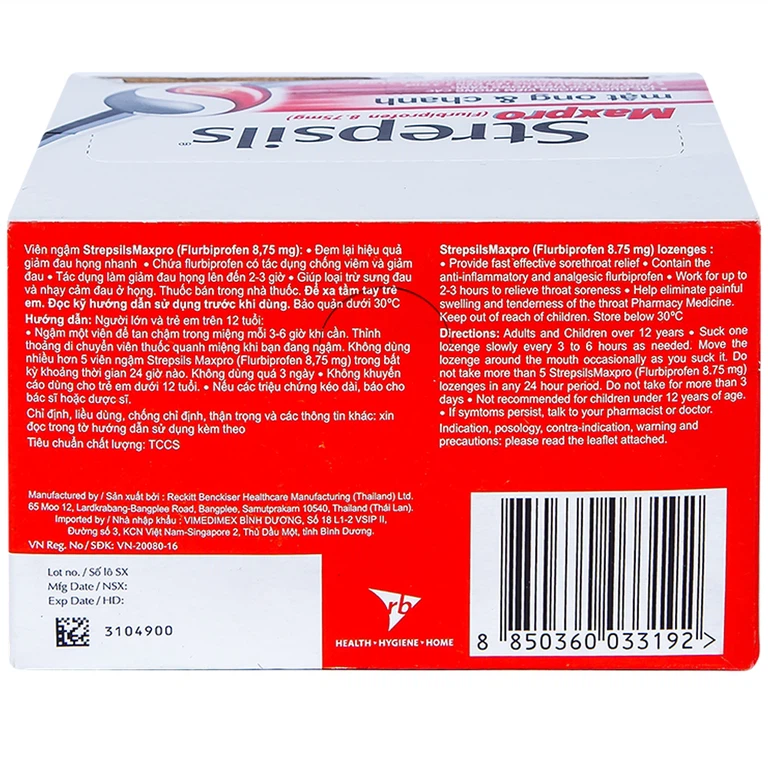 Viên ngậm Strepsils Maxpro Reckitt Benckiser làm giảm đau trong viêm họng (12 gói x 8 viên)