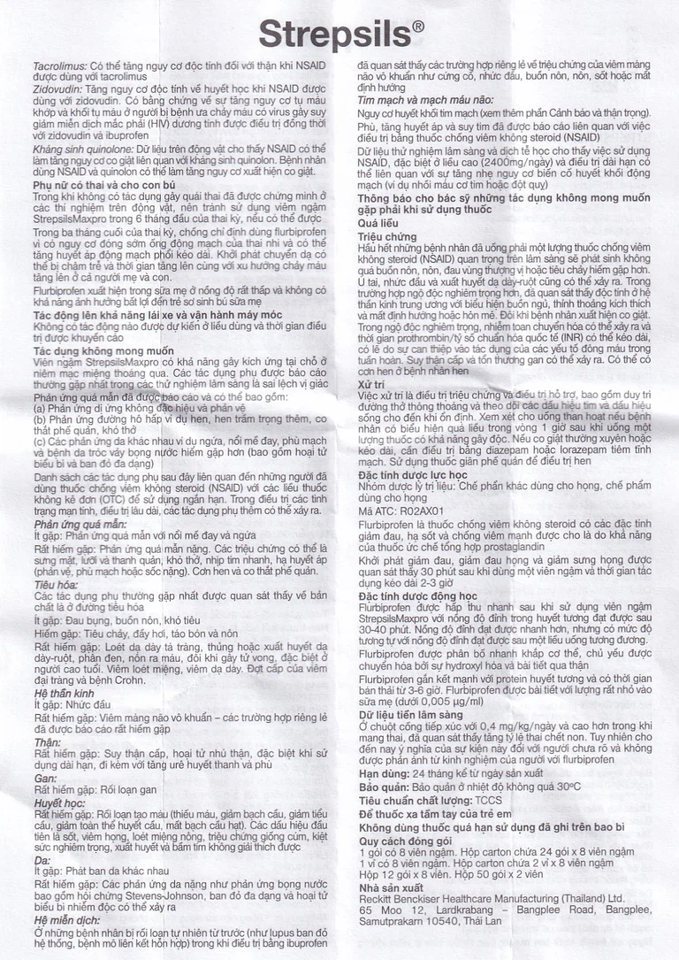 Viên ngậm Strepsils Maxpro Reckitt Benckiser làm giảm đau trong viêm họng (12 gói x 8 viên)