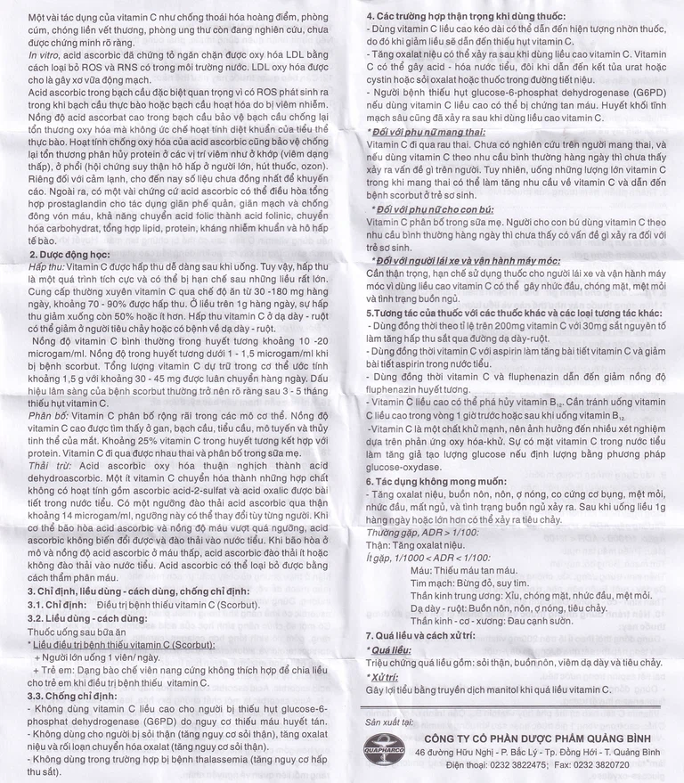Thuốc Vitamin C 500mg Quapharco điều trị bệnh do thiếu Vitamin C (10 vỉ x 10 viên)