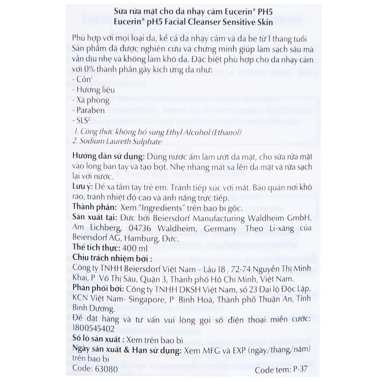Sữa rửa mặt cho da nhạy cảm Eucerin PH5 Facial Cleanser Sensitive Skin (400ml)
