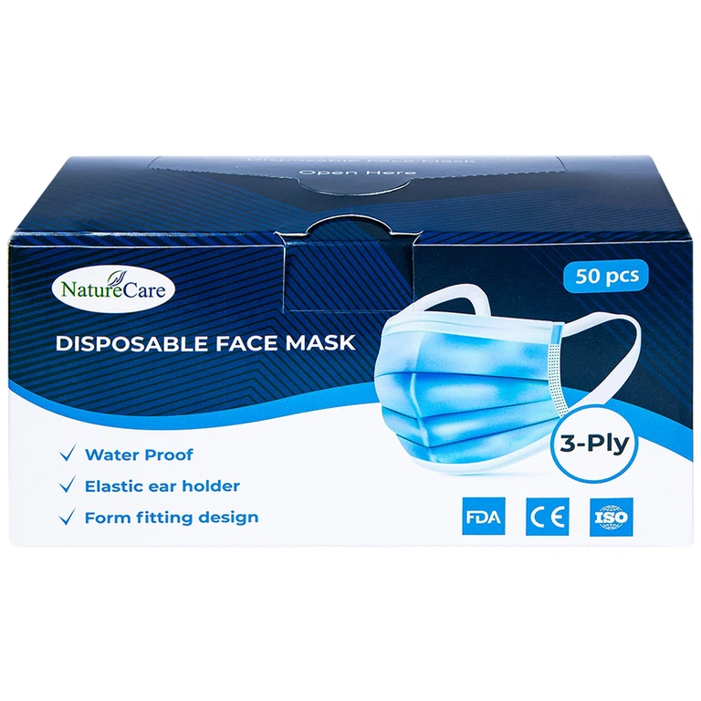 Khẩu trang y tế Naturecare màu xanh 3 lớp hỗ trợ ngăn khói, bụi, kháng khuẩn (50 cái)
