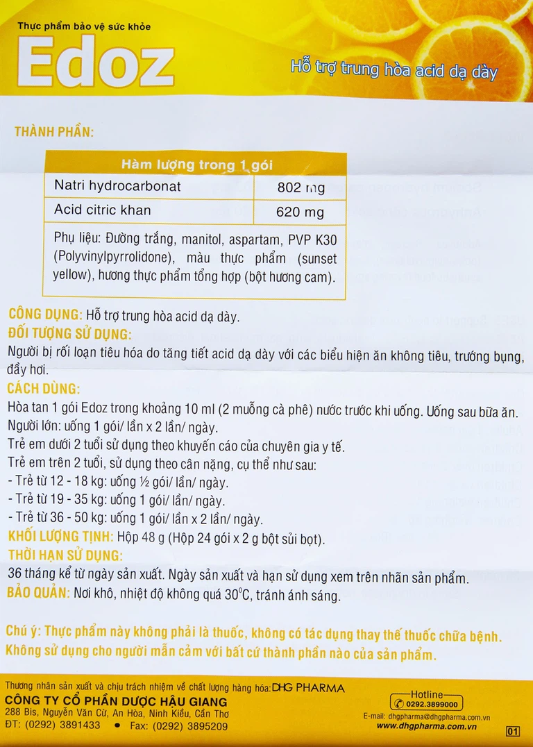 Bột sủi bọt Edoz DHG hỗ trợ trung hòa acid dạ dày (24 gói x 2g)