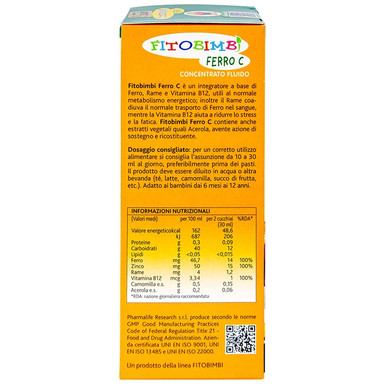 Siro Fitobimbi Ferro C Concentrato Fluido bổ sung sắt, kẽm, vitamin C cho cơ thể (200ml)