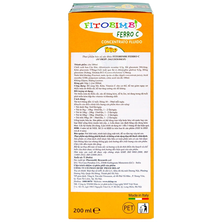 Siro Fitobimbi Ferro C Concentrato Fluido bổ sung sắt, kẽm, vitamin C cho cơ thể (200ml)