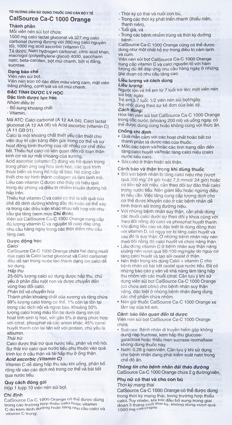 Viên sủi Ca-C1000 Orange Gsk điều trị thiếu calci hoặc vitamin C (10 viên)