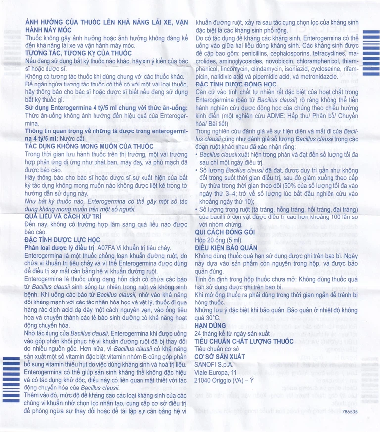 Hỗn dịch uống men vi sinh Enterogermina 4 tỷ/5ml trị rối loạn tiêu hóa cấp và mạn tính (2 vỉ x 10 ống)