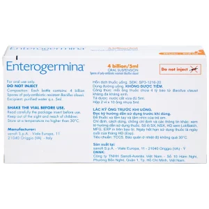 Hỗn dịch uống men vi sinh Enterogermina 4 tỷ/5ml trị rối loạn tiêu hóa cấp và mạn tính (2 vỉ x 10 ống)