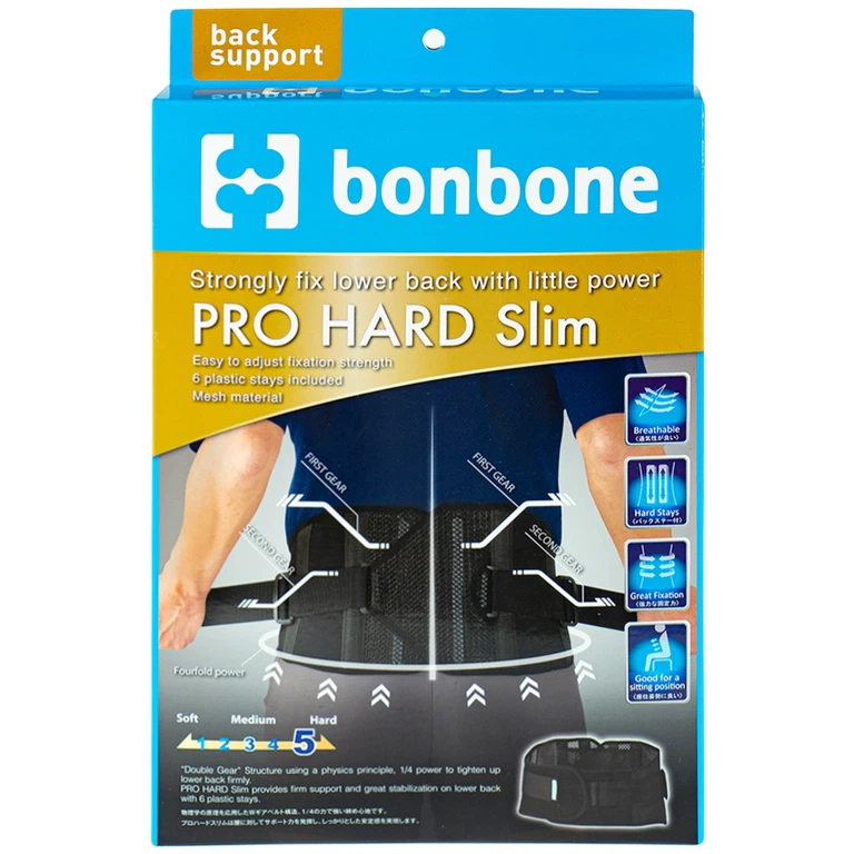 Đai lưng hỗ trợ cột sống size S (58-73cm) Bonbone Pro Hard Slim màu đen hỗ trợ điều trị đau thắt lưng