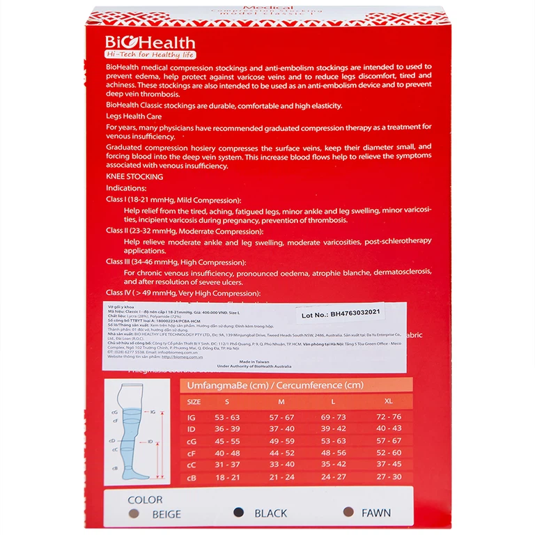 Vớ gối y khoa Medical Compression Stocking Model Classic I Biohealth size L màu da điều trị giãn tĩnh mạch chân