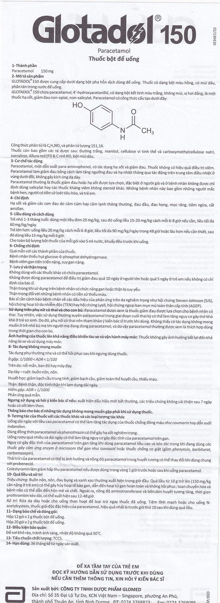 Bột Glotadol 150 Abbott hỗ trợ hạ sốt và giảm các cơn đau do cảm cúm (20 gói x 2g)