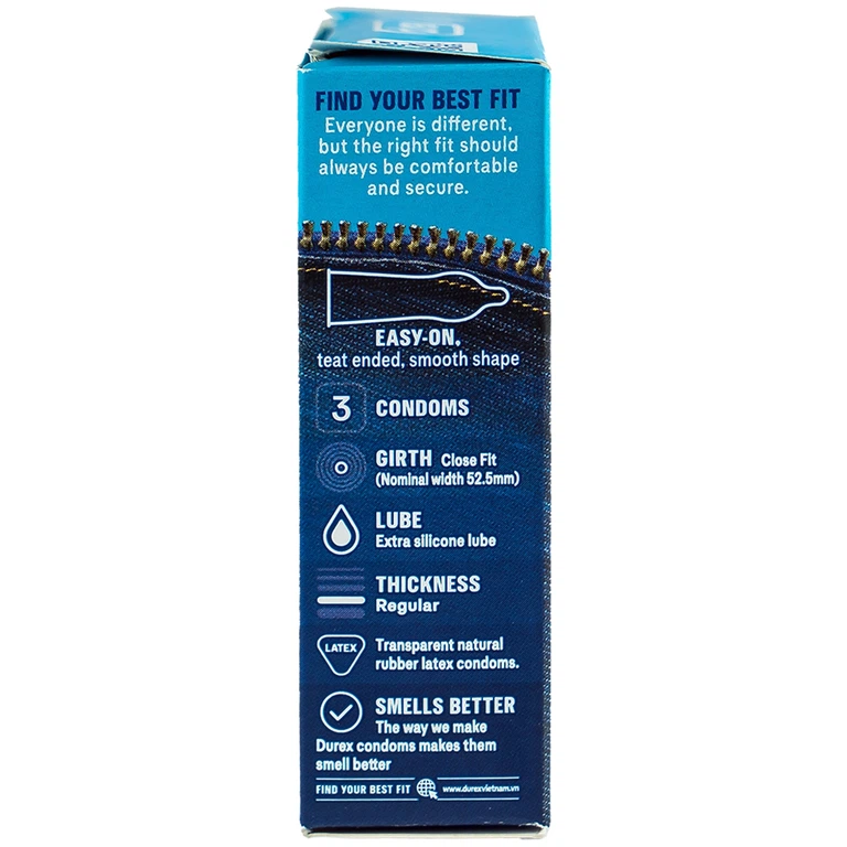 Bao cao su Durex Jeans ôm sát, nhiều chất bôi trơn (52,5mm - 3 cái)