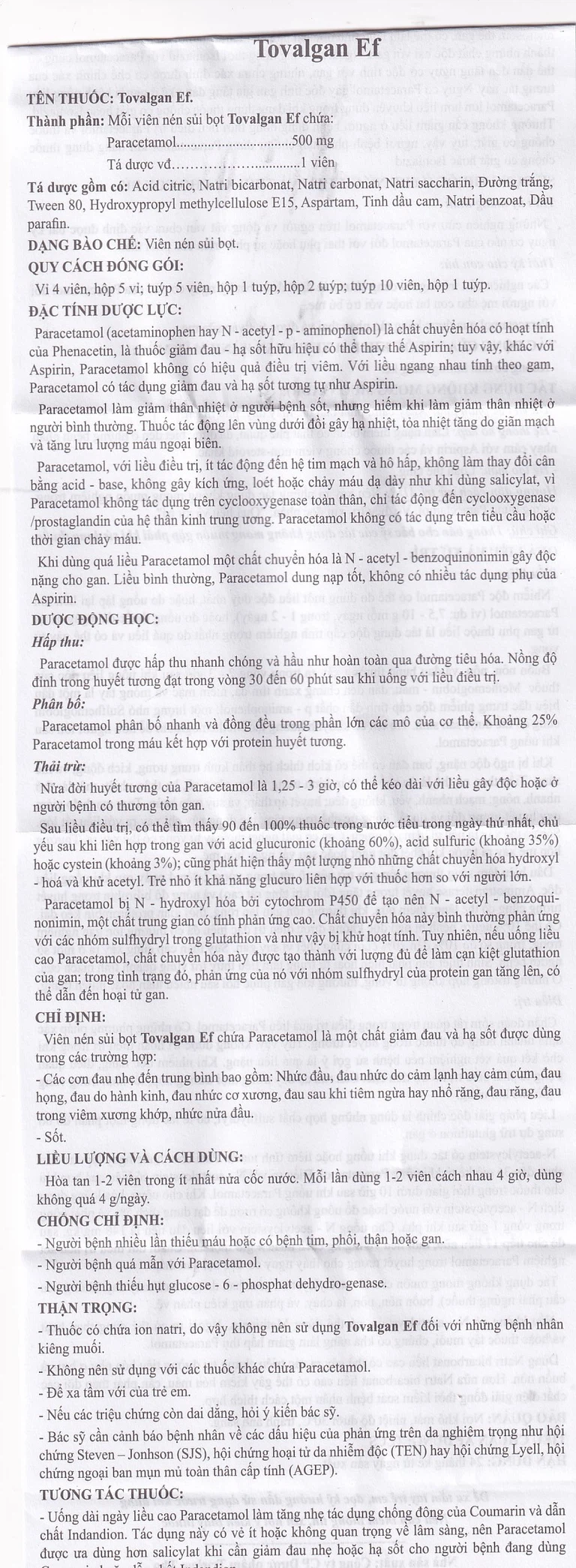Viên sủi Tovalgan Ef Trường Thọ Pharma giảm đau, hạ sốt (5 vỉ x 4 viên)