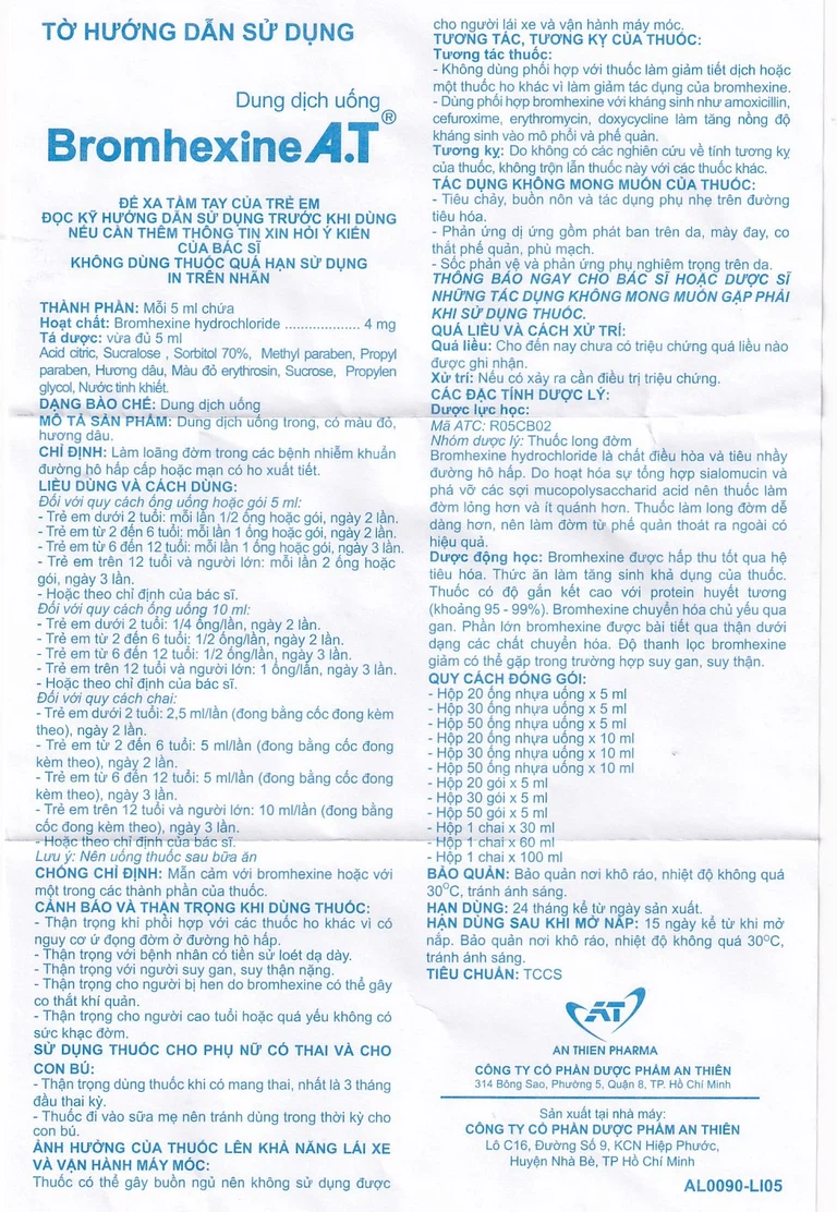 Dung dịch uống Bromhexine AT loãng đờm trong nhiễm khuẩn đường hô hấp (60ml)