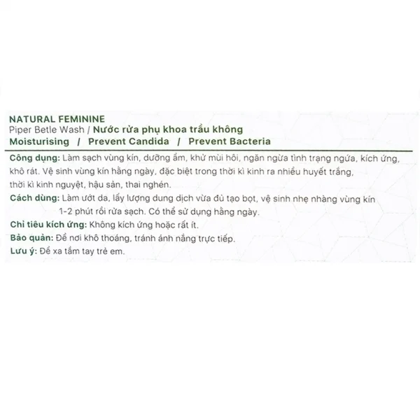 Nước rửa phụ khoa Natural Feminine Trầu Không làm sạch vùng kín, dưỡng ẩm, khử mùi hôi (100ml)