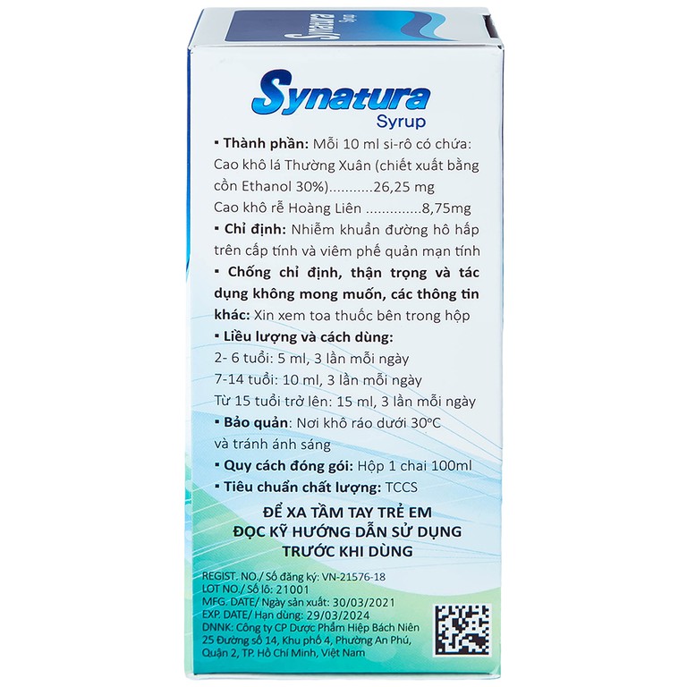 Siro Synatura Ahngook điều trị nhiễm khuẩn hô hấp, viêm phế quản (100ml)