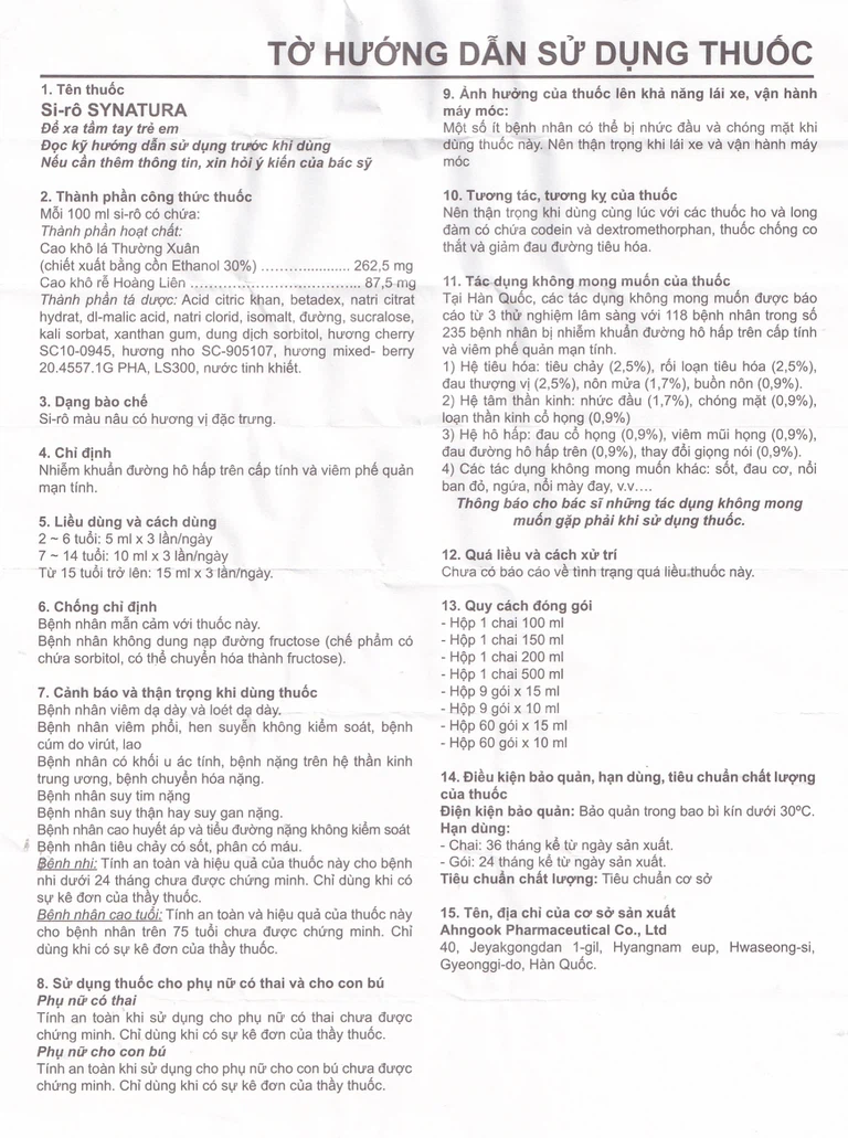 Siro Synatura Ahngook điều trị nhiễm khuẩn hô hấp, viêm phế quản (100ml)